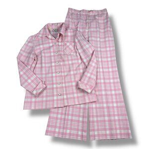 Vtg Mr Simon Women’s Pant Suit Pink Plaid Polyester Knit Wide Leg 40” B 28”W